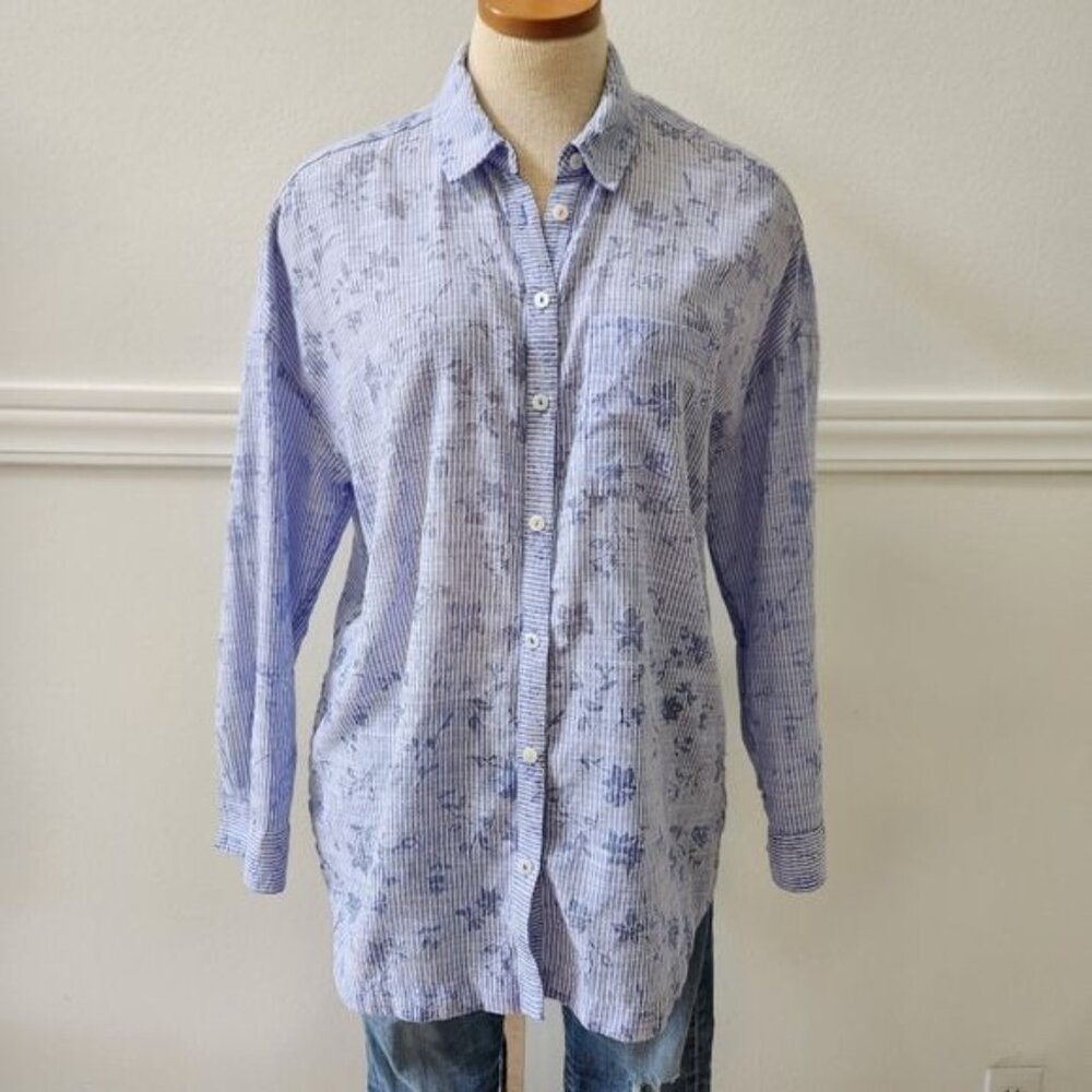 Anthropologie Postmark Blue White Striped Floral Long Sleeve Button Up … - Picture 3 of 12